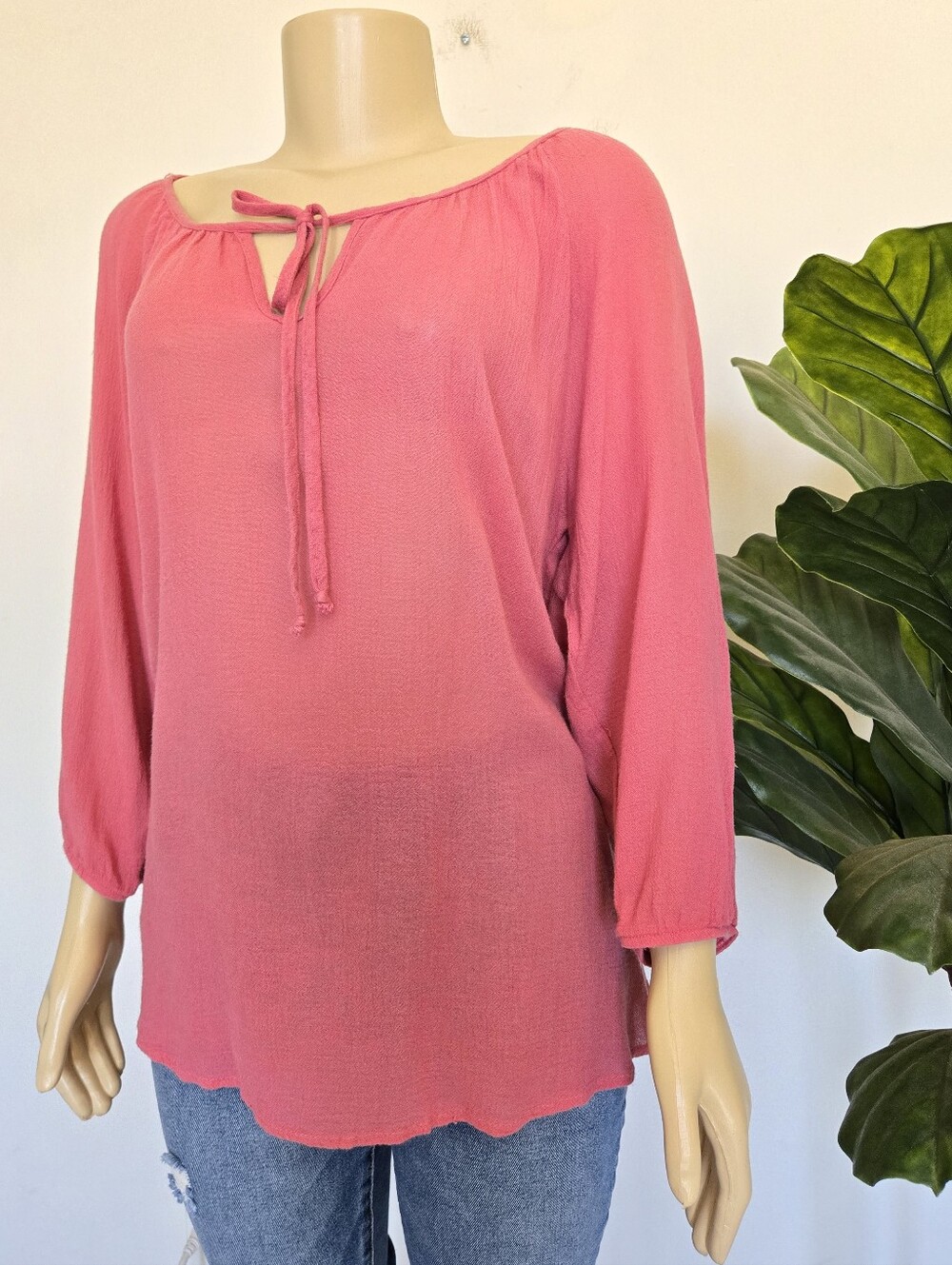 Johnny Was Calme Women's Guava Gauze Split Sleeve Peasant Top Size M Pink Color